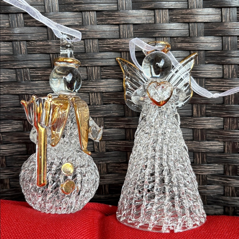 Spun glass and gold plated Snowman and Angel Ornaments. Vintage.